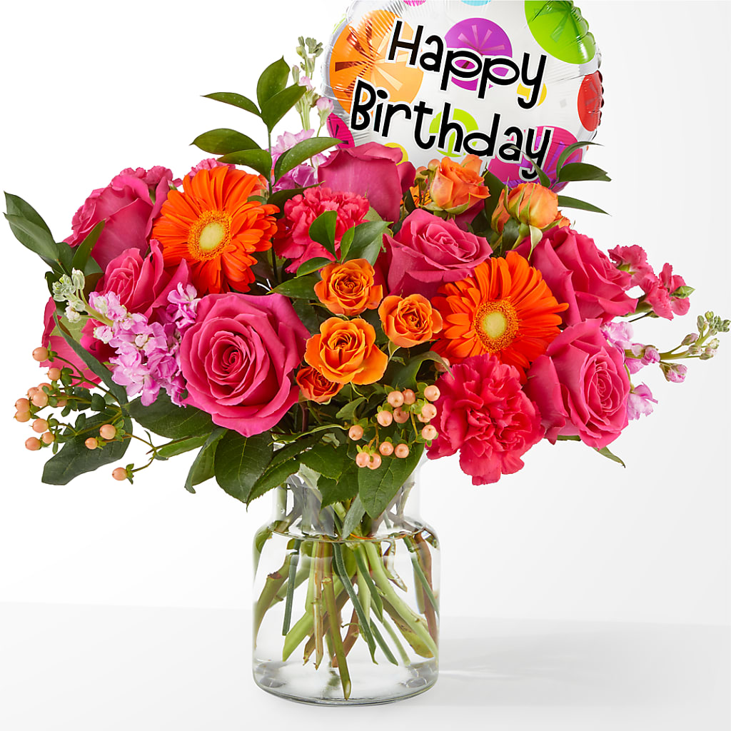 Fiesta Bouquet with Birthday Balloon – Zapateria Y Floreria Hernandez, San Jose CA