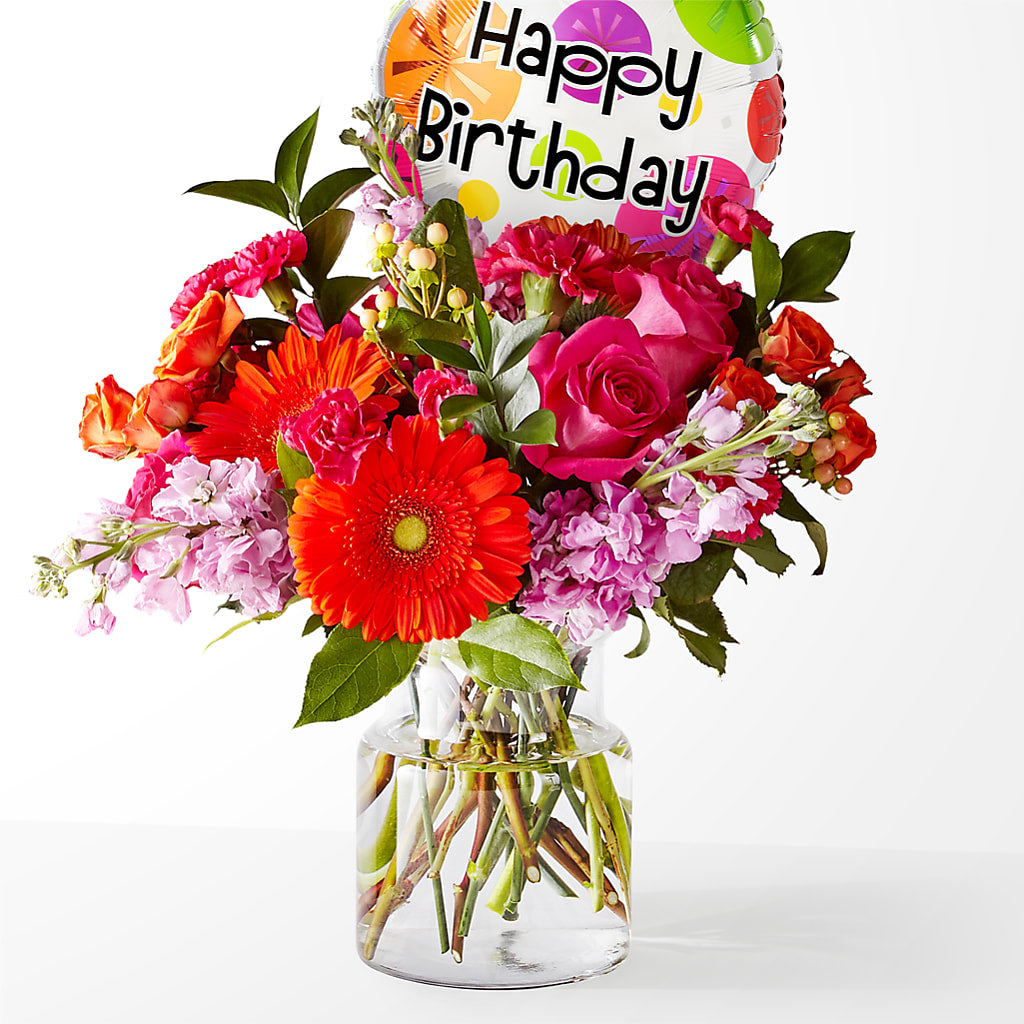Fiesta Bouquet with Birthday Balloon – Zapateria Y Floreria Hernandez, San Jose CA