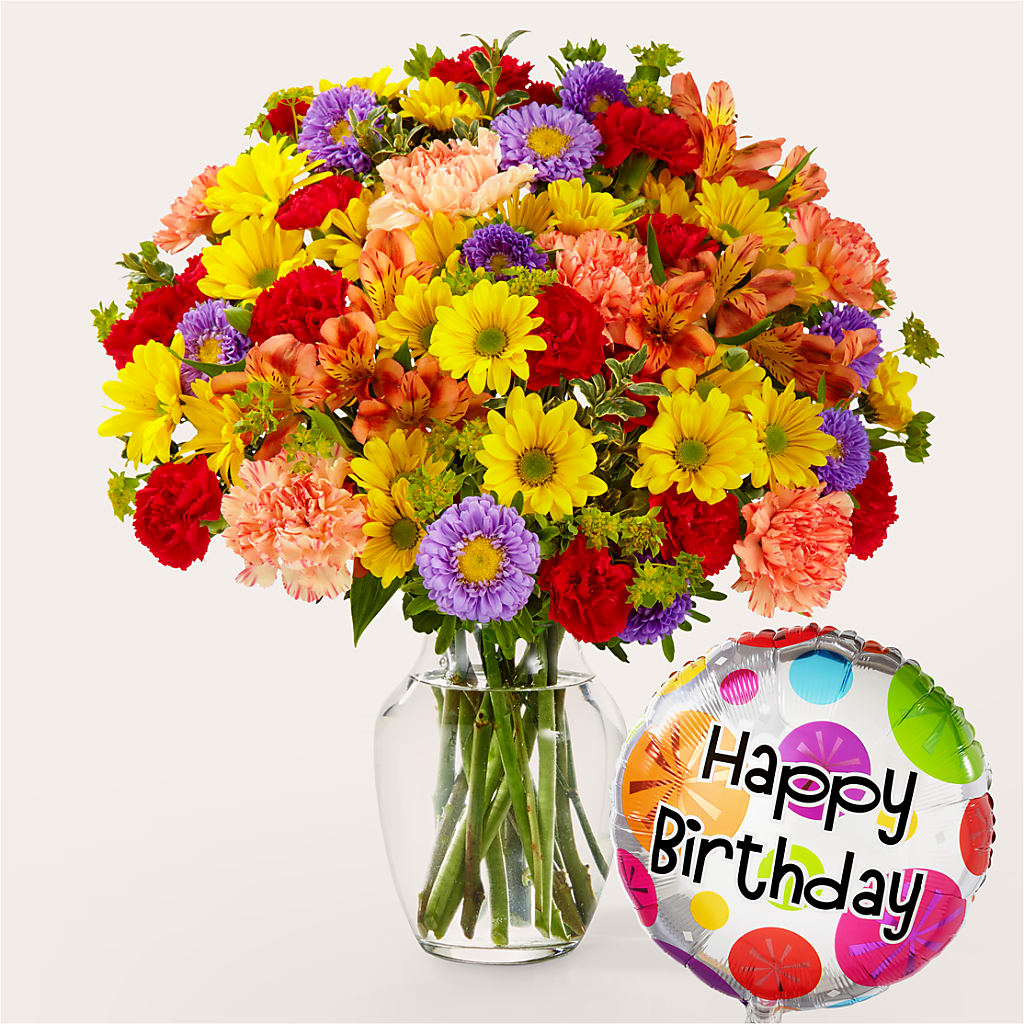 Kaleidoscope Bouquet with Birthday Balloon – Zapateria Y Floreria Hernandez, San Jose CA