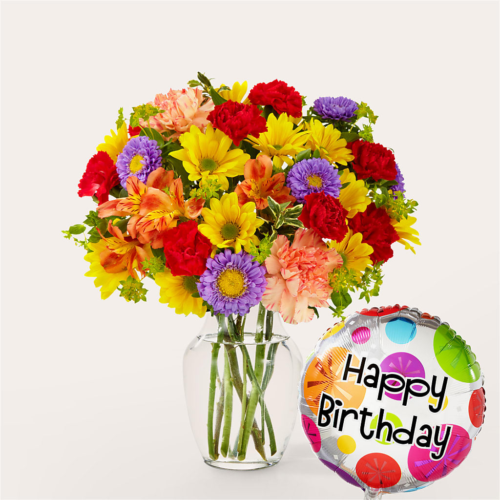 Kaleidoscope Bouquet with Birthday Balloon – Zapateria Y Floreria Hernandez, San Jose CA