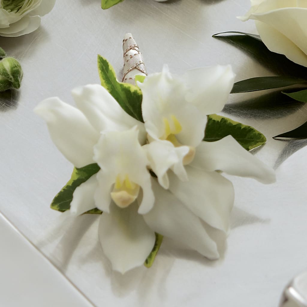 White Mini Cymbidium Boutonniere – Zapateria Y Floreria Hernandez, San Jose CA